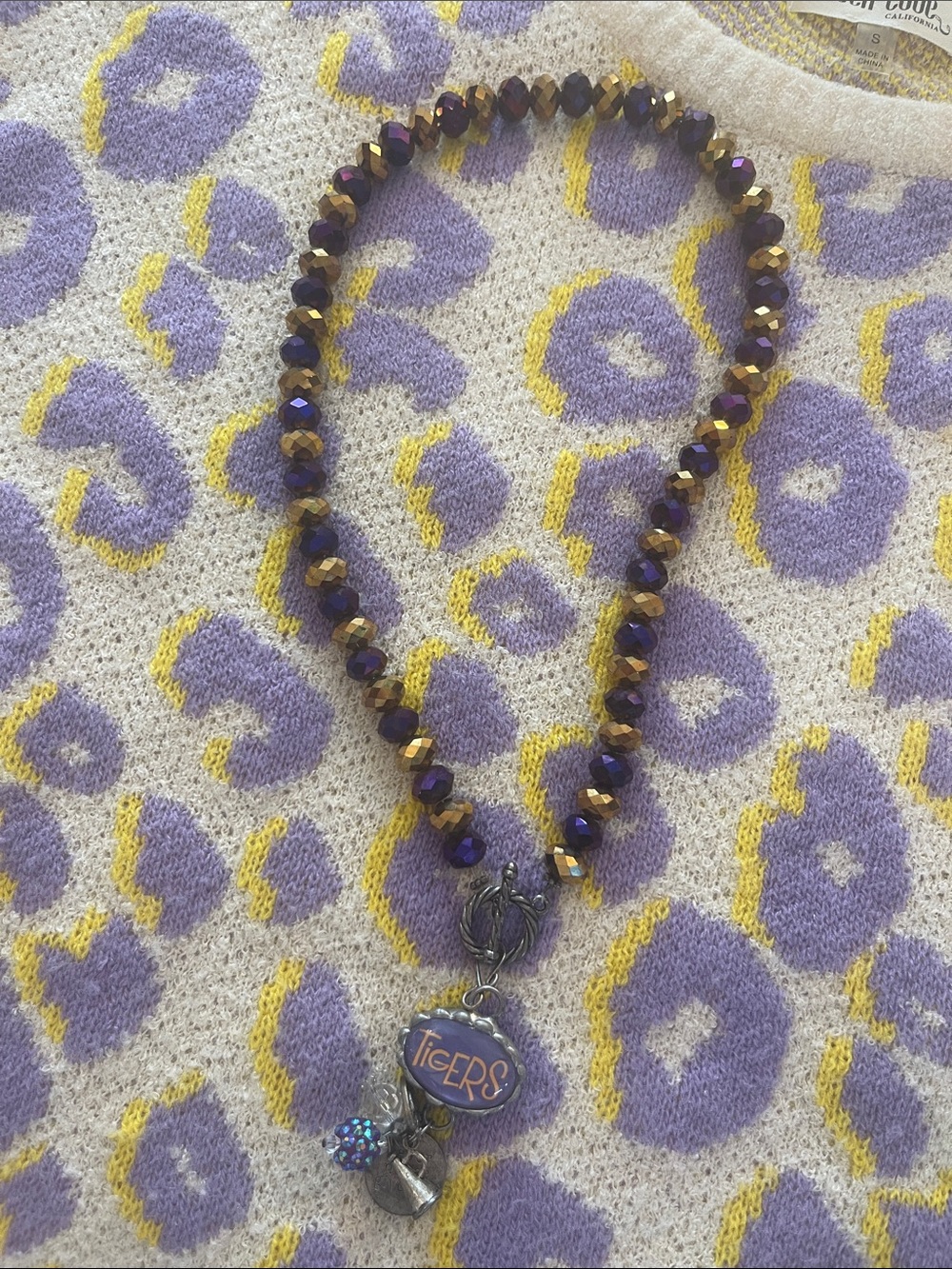 LSU TIGERS Purple and Gold Faceted Bead Necklace with Tigers Charm